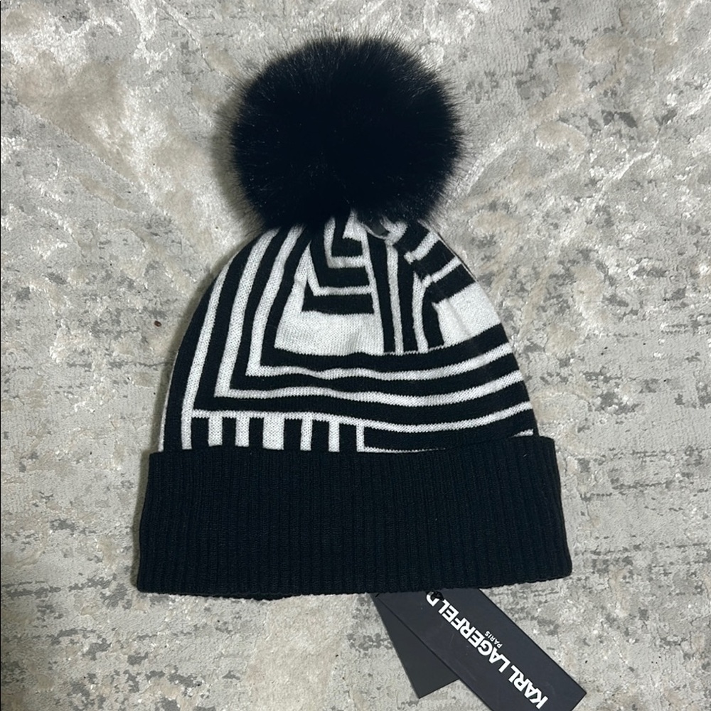 Karl Lagerfeld Black and White Pom Pom Beanie